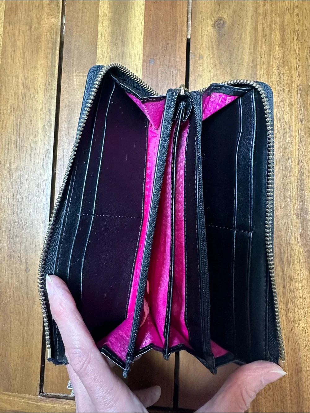 kate spade Nisha Smooth Black Leather Zip Wallet with Bow and Hot Pink Interior